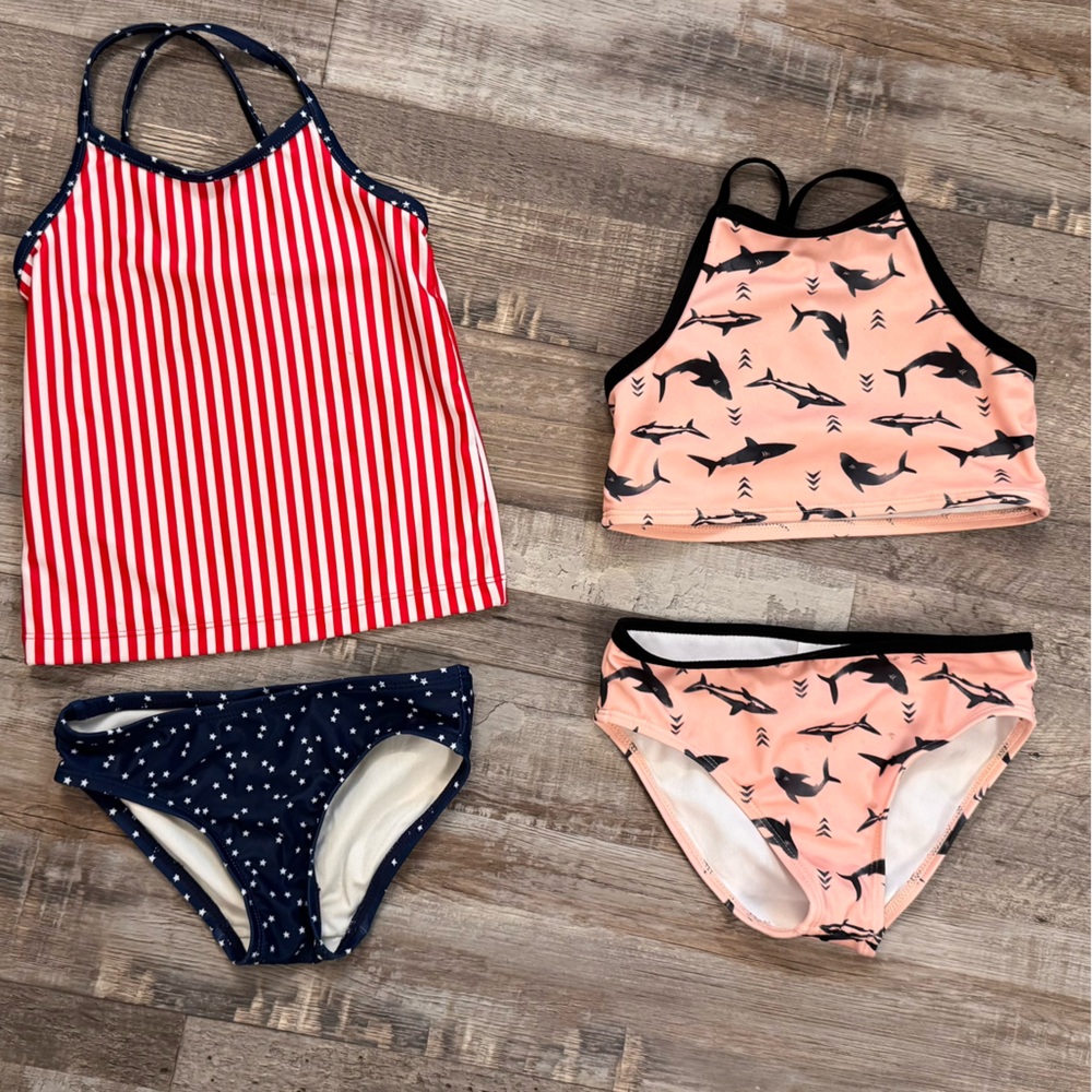 Girls Swimsuit Bundle Size 5 | Tankini Swim Sets | Patriotic & Shark Print